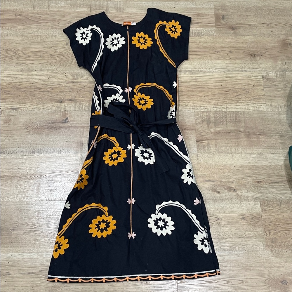 Tory Burch Belted Embroidered Cotton Midi Dress | Size XS | Black, Yellow, Cream - Picture 2 of 6